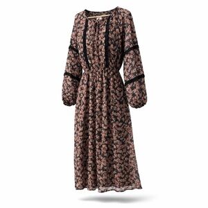 Knox Rose Black Pink Floral prairie boho maxi chiffon Long Sleeve Dress SZ L